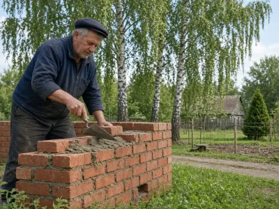 Кладка красного кирпича на растворе в дворе в Любани