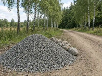 Сеяный гравий и крупные камни у дороги в Любани