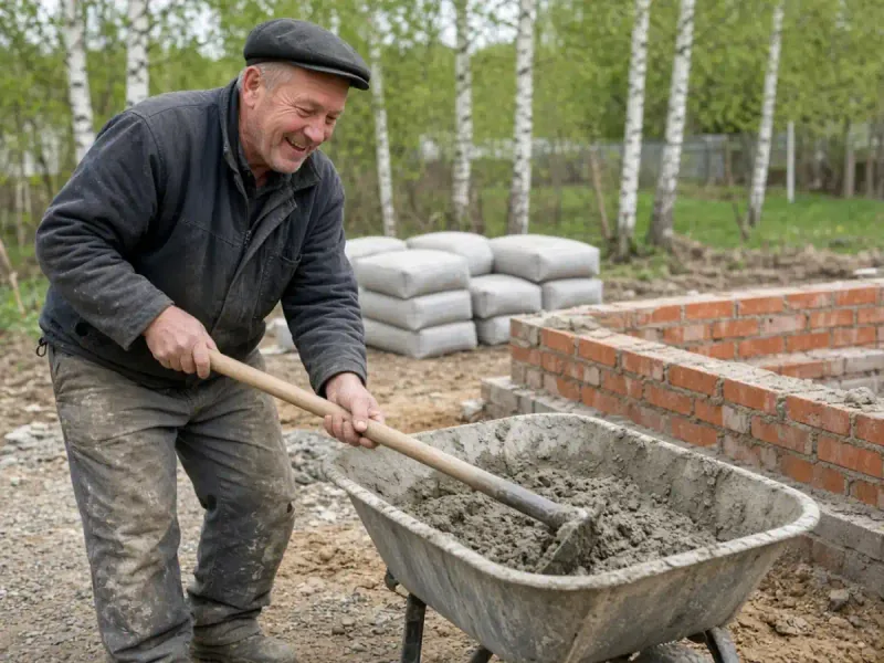 Замес раствора из цемента у кирпичного фундамента в Любани
