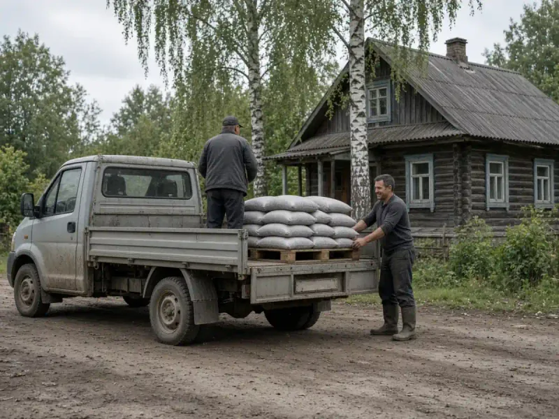Выгрузка поддона с мешками цемента у дома в Любанском районе