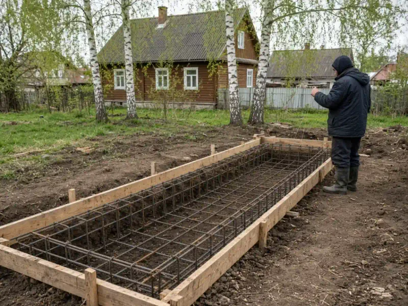 Опалубка ленточного фундамента с арматурой на участке в Любани