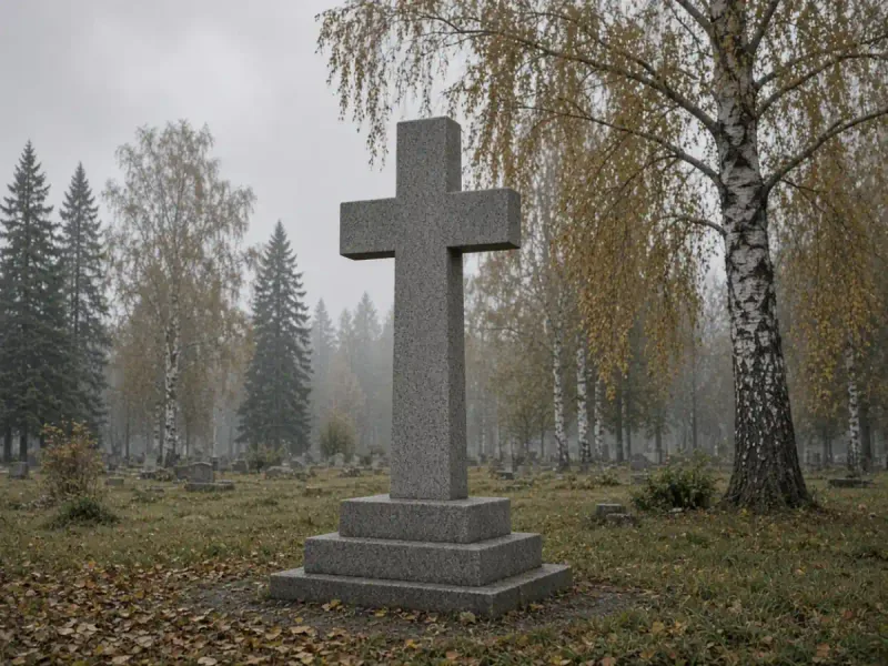 Гранитный крест на тумбе среди берёз в Любани