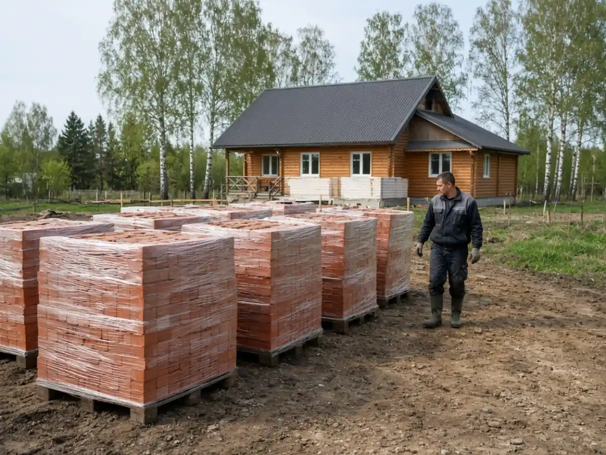 Поддоны облицовочного кирпича в плёнке у дома в Любани